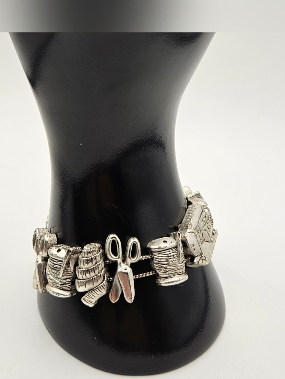 Vintage Sewing Theme Charm Link Bracelet Silver Tone